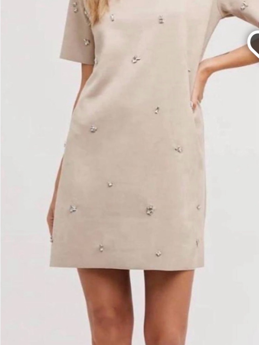 Zara pearl embellished  Short Sleeve Shift Dress in Beige suede